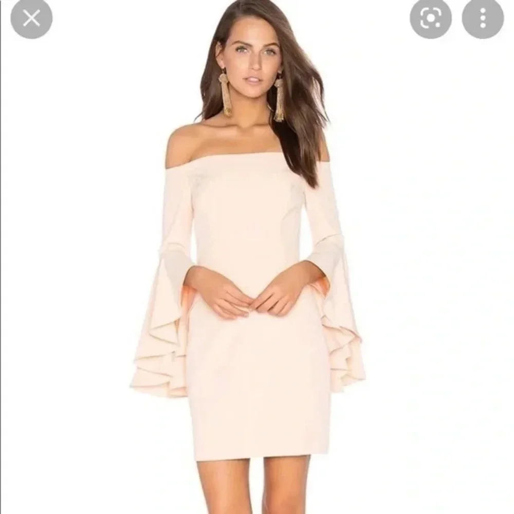 MILLY Selena Peach Italian Cady Off Shoulder Slit Side Sheath Dress Size 8 M NWT